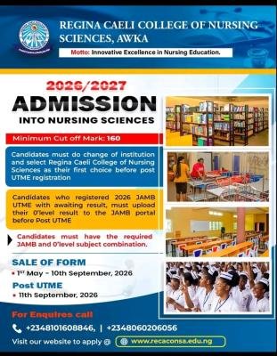 Regina Caeli College of Nursing Post UTME Form 20262027 Cut Off Mark How to Apply